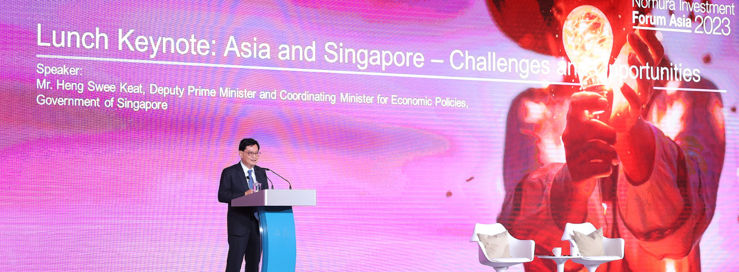 Heng Swee Keat at Nomura Investment Forum Asia 2023, giving a speech on Asia and Singapore.